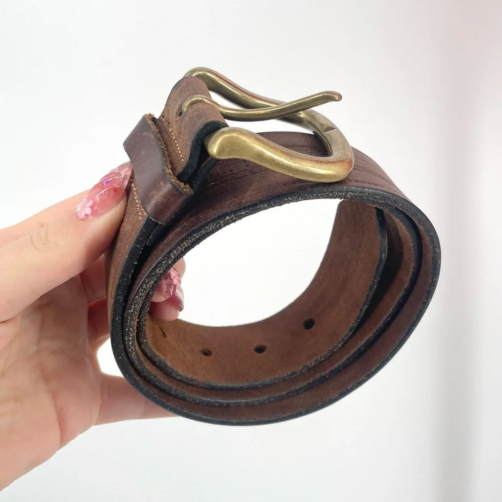 Vintage Brown Full Grain Leather Belt Size 32 With Solid Brass Buckle USA Made